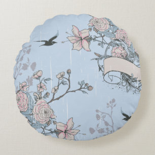 Asian Style Pink Lilies and Roses on Blue Round Pillow