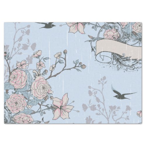 Asian Style Pink Lilies and Roses on Blue Tissue Paper