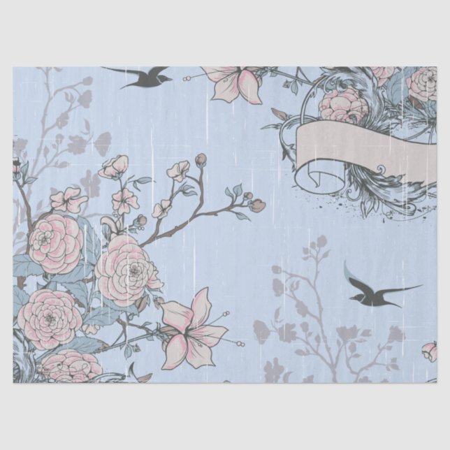 Asian Style Pink Lilies and Roses on Blue Tissue Paper (Front)