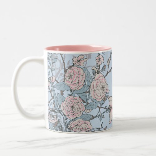 Asian Style Pink Lilies and Roses on Blue Two_Tone Coffee Mug