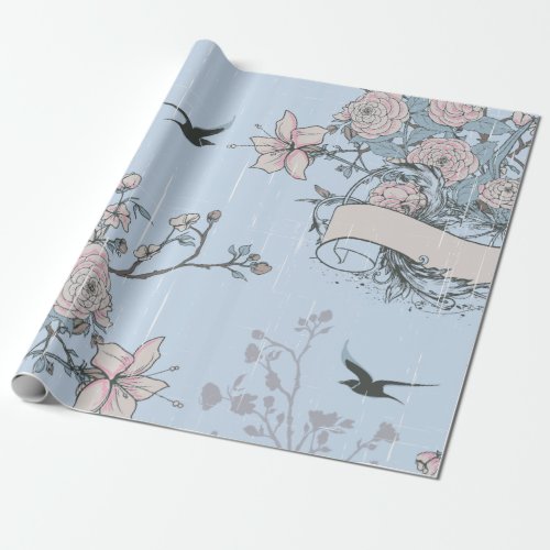 Asian Style Pink Lilies and Roses on Blue Wrapping Paper