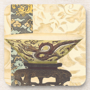 Asian Tapestry with Bowl and Dragon Design Beverage Coaster