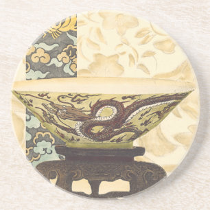 Asian Tapestry with Bowl and Dragon Design Drink Coaster
