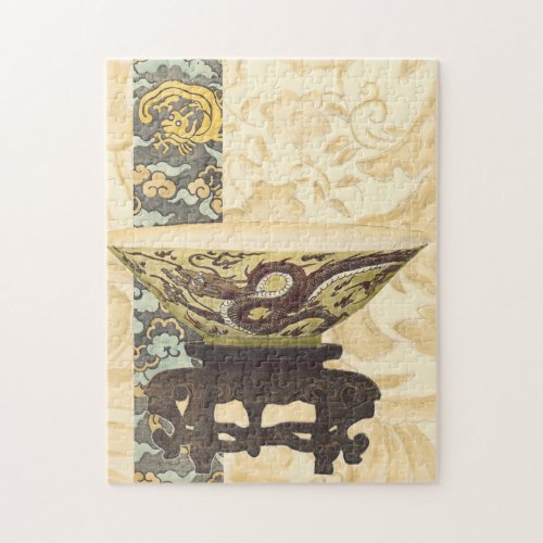 Asian Tapestry with Bowl and Dragon Design Jigsaw Puzzle