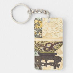 Asian Tapestry with Bowl and Dragon Design Keychain