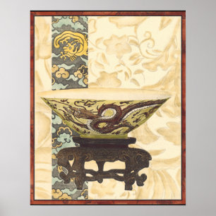Asian Tapestry with Bowl and Dragon Design Poster