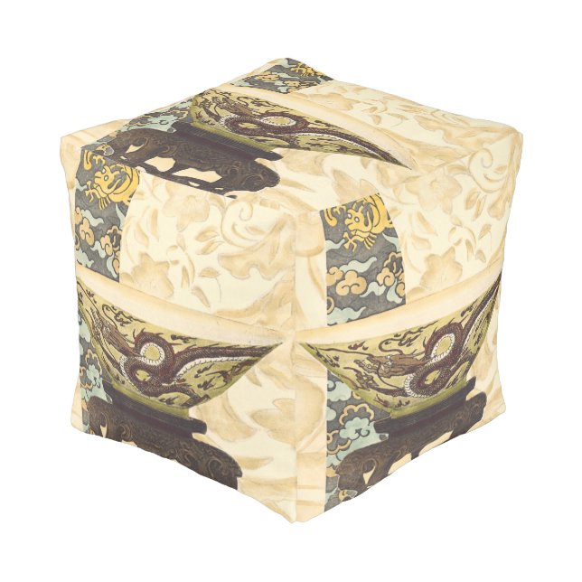 Asian Tapestry with Bowl and Dragon Design Pouf (Angled Front)