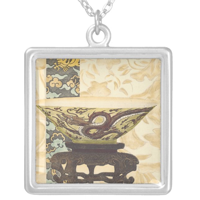 Asian Tapestry with Bowl and Dragon Design Silver Plated Necklace (Front)