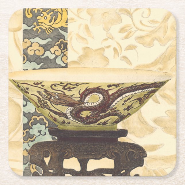 Asian Tapestry with Bowl and Dragon Design Square Paper Coaster (Front)