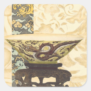 Asian Tapestry with Bowl and Dragon Design Square Sticker