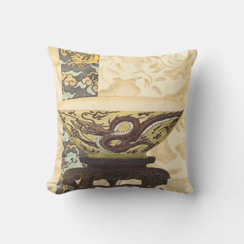 Asian Tapestry with Bowl and Dragon Design Throw Pillow