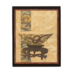 Asian Tapestry with Bowl and Dragon Design Wood Wall Decor