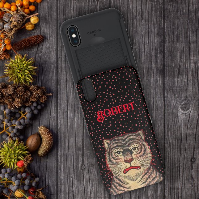 Asian Tiger Black Stripes Fierce Face on Black Uncommon iPhone Case (Head of Asian Tiger Fierce looking face on black with red dots Wallet phone case.)