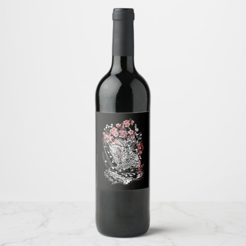 Asian Tiger With Cherry Blossoms And Japanese Wine Label