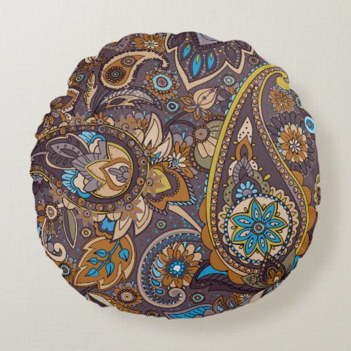 Asian Traditional Paisley Seamless Pattern Round Pillow