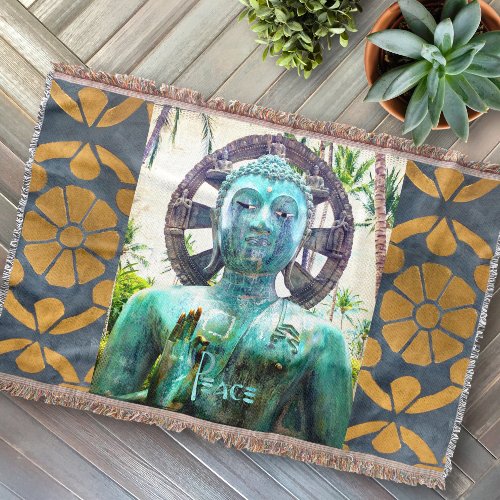 Asian Turquoise Buddha Statue Photo Peace Quote  Throw Blanket