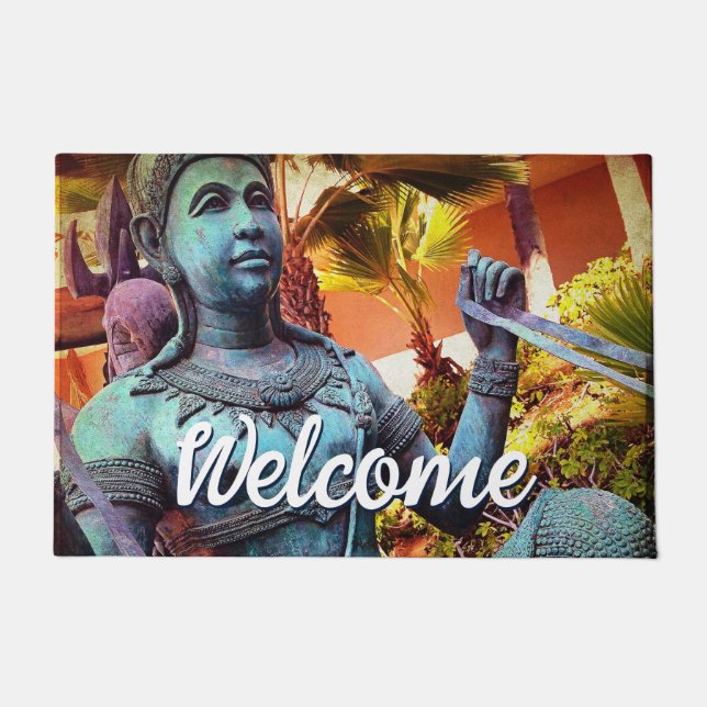 Asian Turquoise Warrior Statue Photo Welcome Doormat (Front)