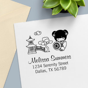 Asian Umbrella Girl in Kimono Address Self-inking Stamp