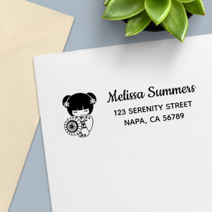 Asian Umbrella Girl in Kimono Address Self-inking Stamp