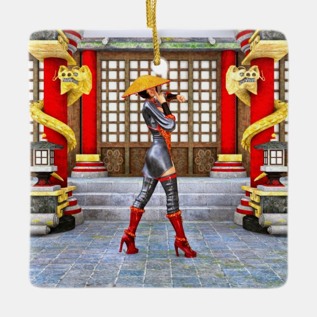 Asian Warrior Maiden Ceramic Ornament (Front)