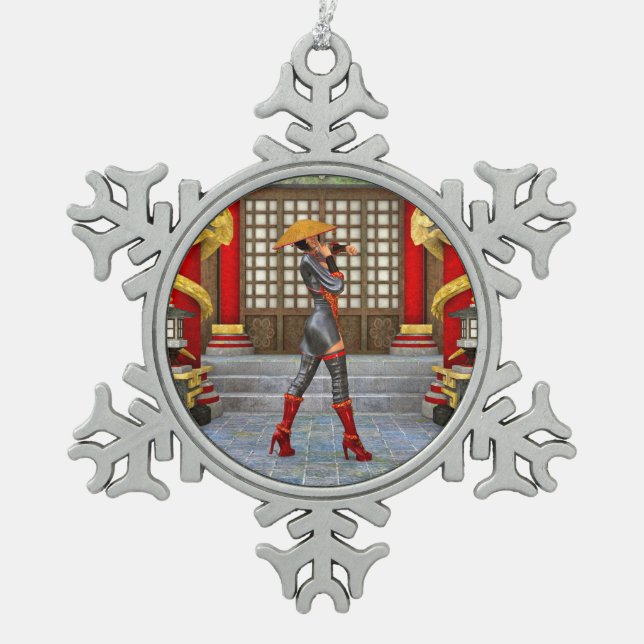 Asian Warrior Maiden Fantasy Samurai Artwork Snowflake Pewter Christmas Ornament (Front)