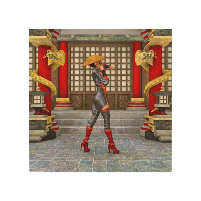 Asian Warrior Maiden Fantasy Samurai Artwork Wood Wall Art (Front)