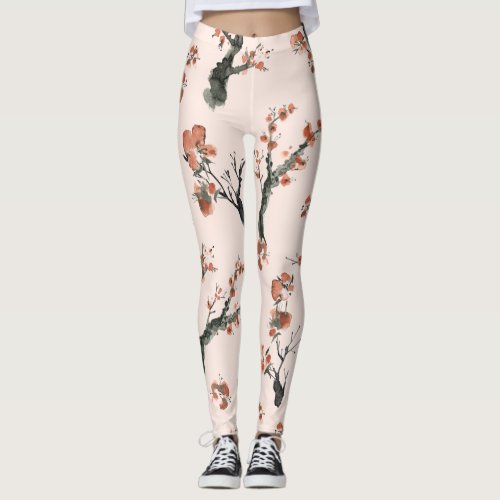 Asian Watercolor Floral Cherry Tree Pattern Leggings