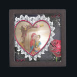 Asian Wedding Couple on Heart Swing Art Print/ Jewelry Box<br><div class="desc">South Asian Wedding Couple on Heart Swing Art Print/Graphic Celebrate love and tradition with our South Asian Wedding Couple on Heart Swing Art Print. This enchanting design features a just-married couple seated on a swing inside a heart, beautifully framed by a delicate white lace border. The striking black background highlights...</div>