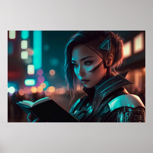 Asian Woman Reading at Night in City of the Future Poster