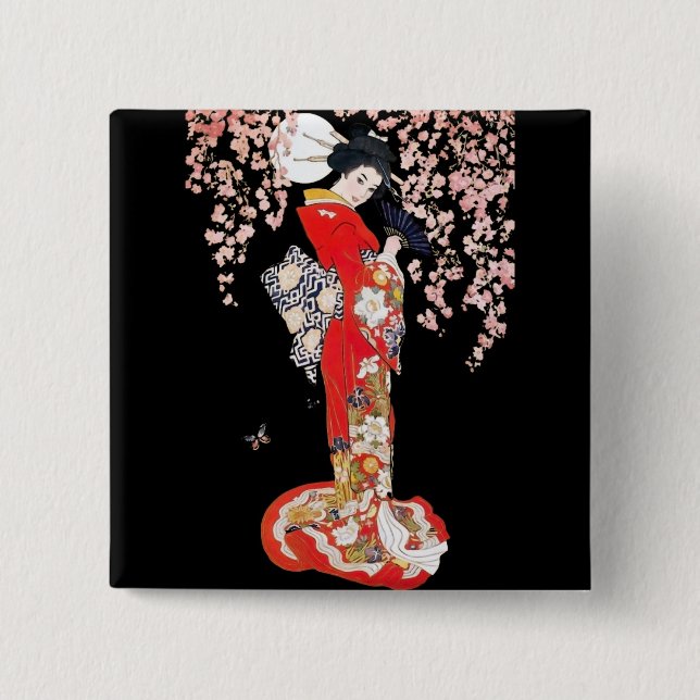 Asian Woman with Cherry Blossom Night Button (Front)