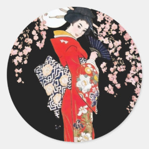 Asian Woman with Cherry Blossom Night Classic Round Sticker
