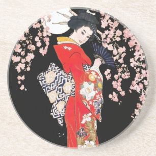 Asian Woman with Cherry Blossom Night Drink Coaster