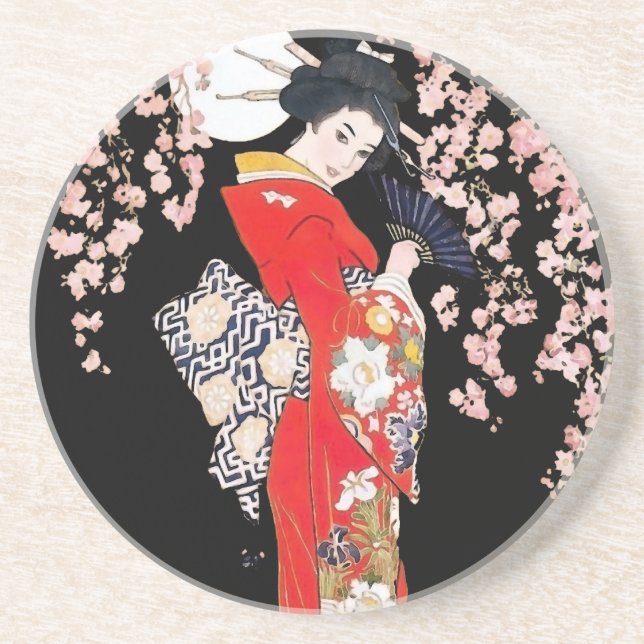 Asian Woman with Cherry Blossom Night Drink Coaster (Front)
