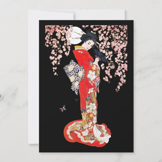 Asian Woman with Cherry Blossom Night Invitation (Front)