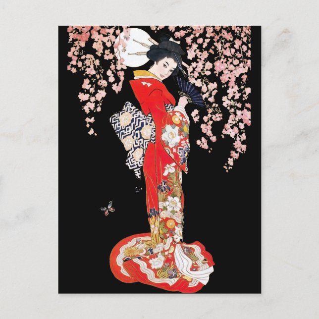 Asian Woman with Cherry Blossom Night Postcard (Front)