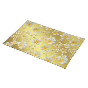 asian, yellow, white, bloom, bright, gold, floral cloth placemat
