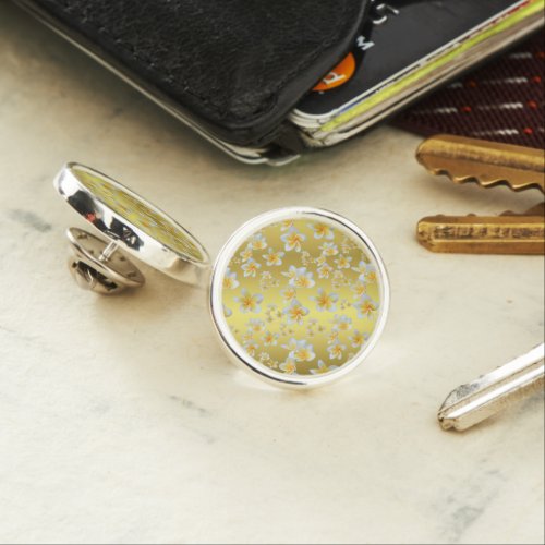 asian, yellow, white, bloom, bright, gold, floral lapel pin