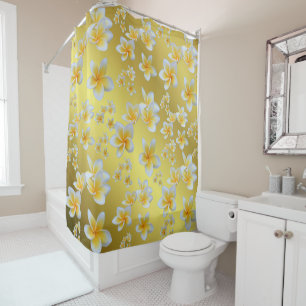 asian, yellow, white, bloom, bright, gold, floral shower curtain