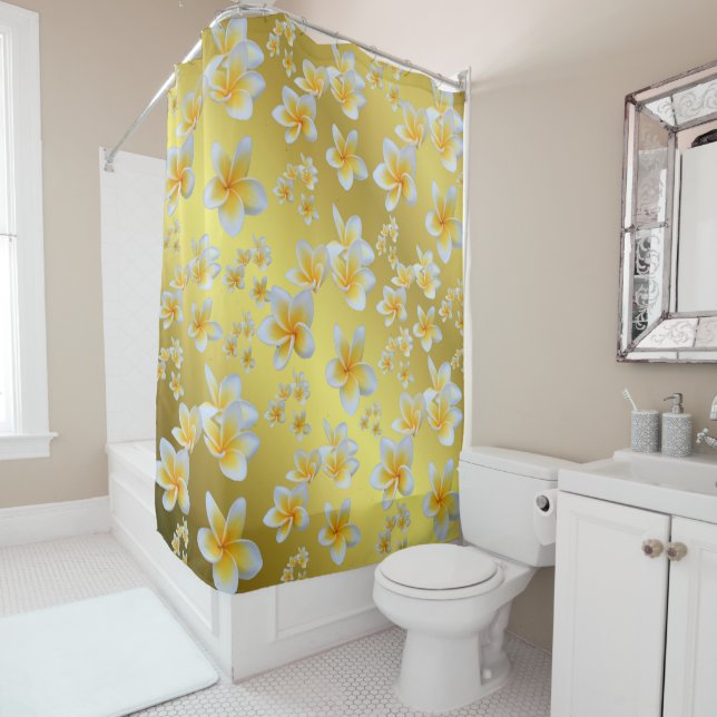asian, yellow, white, bloom, bright, gold, floral shower curtain (In Situ)