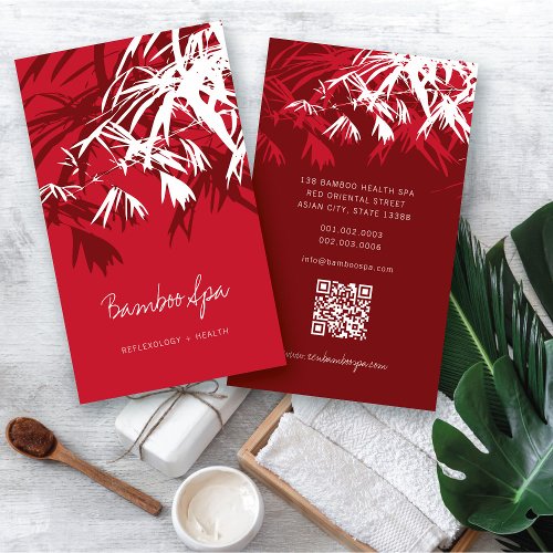 Asian Zen Red Bamboo Leaves Modern Oriental Spa Business Card