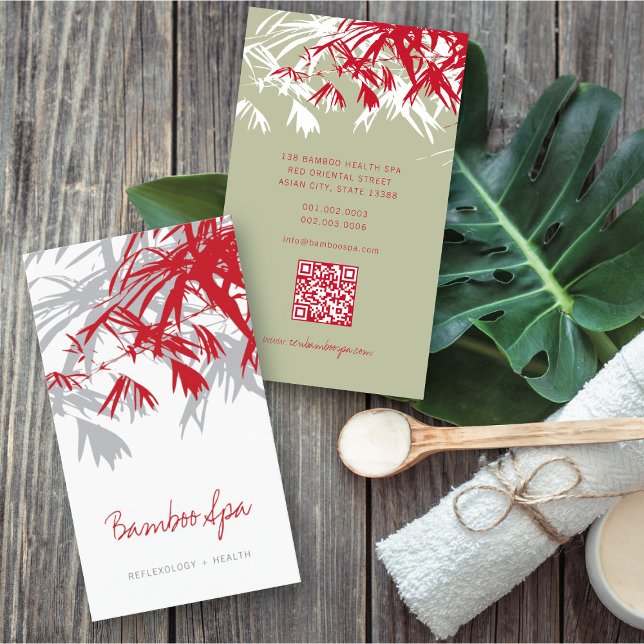 Asian Zen Red Bamboo Leaves Modern Oriental Spa Business Card (Oriental Asian Bamboo Leaves Modern Zen Spa Business Card / Profile Card @ fatfatin_red_knot)