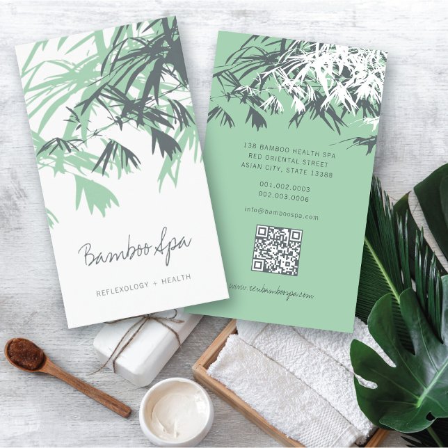 Asian Zen Red Bamboo Leaves Modern Oriental Spa Business Card (Oriental Asian Bamboo Leaves Modern Zen Spa Business Card / Profile Card @ fatfatin_red_knot)