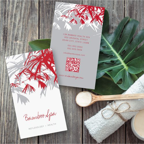 Asian Zen Red Bamboo Leaves Modern Oriental Spa Business Card
