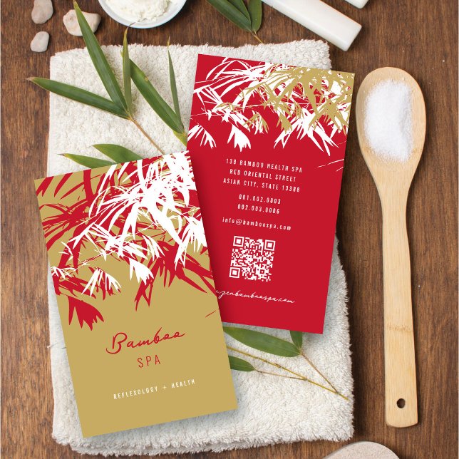 Asian Zen Red Bamboo Leaves Modern Oriental Spa Business Card (Oriental Asian Bamboo Leaves Modern Zen Spa Business Card / Profile Card @ fatfatin_red_knot)