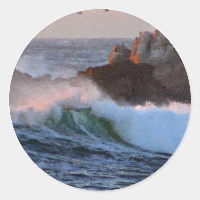 Asilomar Beach Wave Big Sur California Painted Classic Round Sticker (Front)