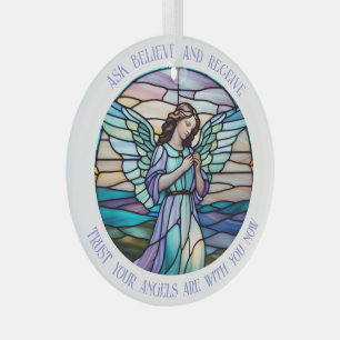Ask, Believe, Receive Angel   Lilac, Aqua Stained  Glass Ornament