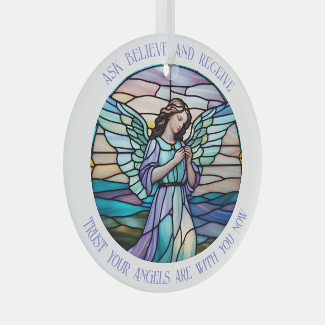 Ask, Believe, Receive Angel | Lilac, Aqua Stained  Glass Ornament (Front Right)