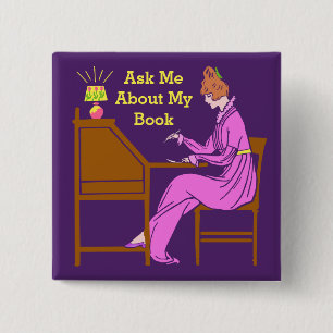 Ask Me About My Book Art Deco Lady Author Pinback Button