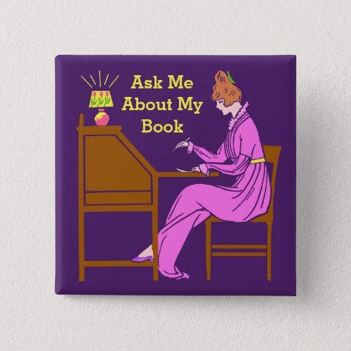 Ask Me About My Book Art Deco Lady Author Pinback Button