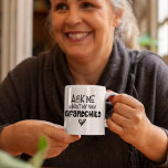 Ask Me About My New Grandchild Initial Black Text Coffee Mug<br><div class="desc">Ask Me About My New Grandchild Initial Black Text. For a new grandparent,  an artsy typographical design with fun quote,  in black text with heart motifs. Easily personalise with recipiient's initials or delete if not required.</div>